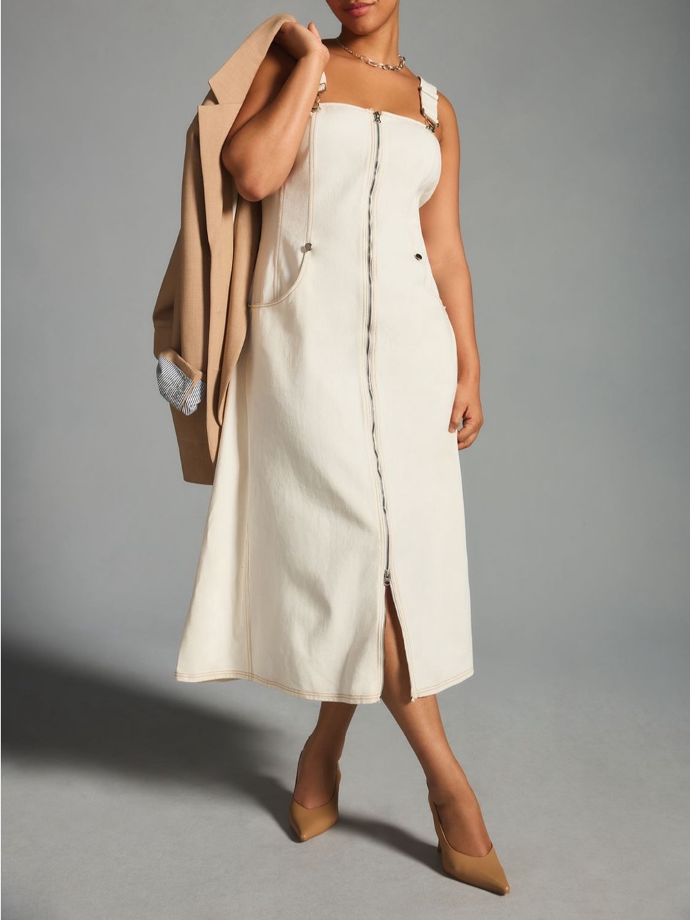 Cream Zip-Front Midi Dress with Adjustable Straps